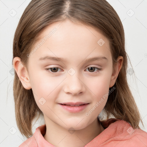 Joyful white child female with medium  brown hair and grey eyes