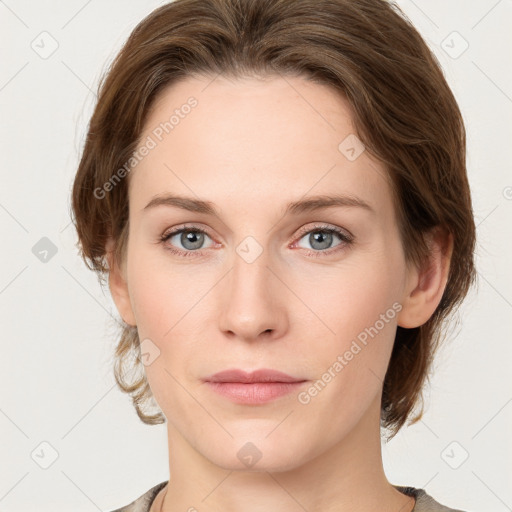 Neutral white young-adult female with medium  brown hair and grey eyes