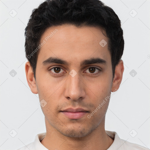 Neutral asian young-adult male with short  black hair and brown eyes