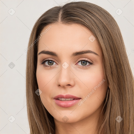 Neutral white young-adult female with long  brown hair and brown eyes