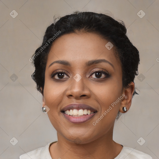 Joyful latino young-adult female with short  black hair and brown eyes