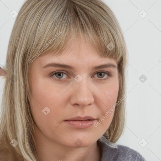 Neutral white young-adult female with medium  brown hair and grey eyes