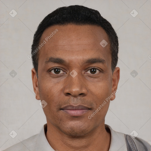 Neutral latino adult male with short  black hair and brown eyes