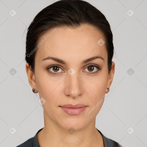 Neutral white young-adult female with short  brown hair and brown eyes