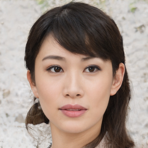 Neutral asian young-adult female with medium  brown hair and brown eyes