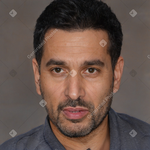 Neutral white adult male with short  black hair and brown eyes