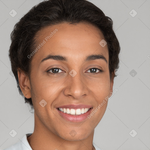 Joyful white young-adult female with short  brown hair and brown eyes