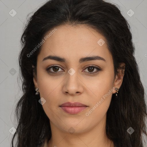 Joyful latino young-adult female with long  brown hair and brown eyes