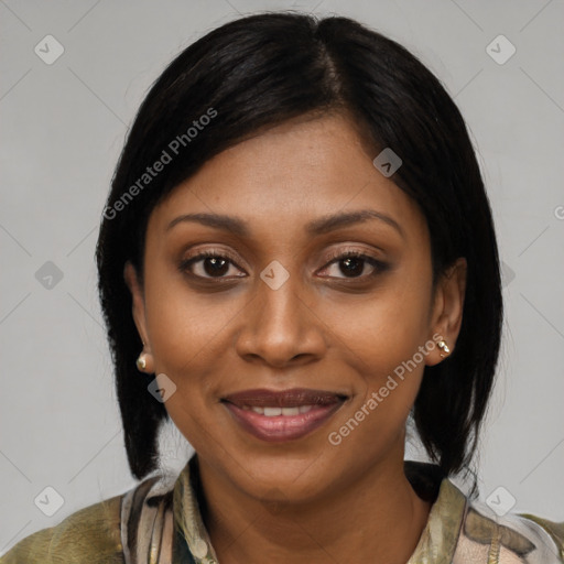 Joyful latino young-adult female with medium  black hair and brown eyes