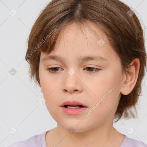 Joyful white child female with medium  brown hair and brown eyes