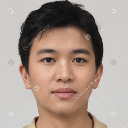 Neutral asian young-adult male with short  black hair and brown eyes