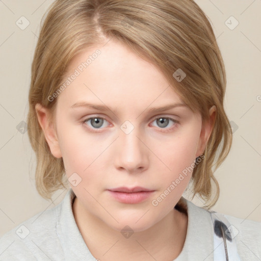 Neutral white young-adult female with medium  brown hair and blue eyes