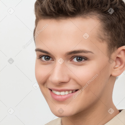 Joyful white young-adult female with short  brown hair and brown eyes