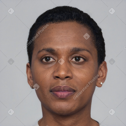Neutral black young-adult female with short  black hair and brown eyes