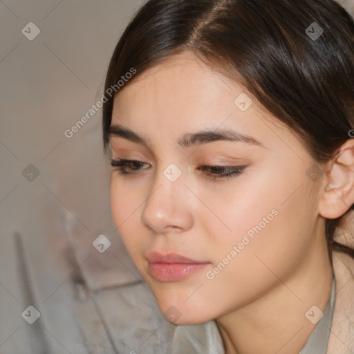 Neutral white young-adult female with medium  brown hair and brown eyes