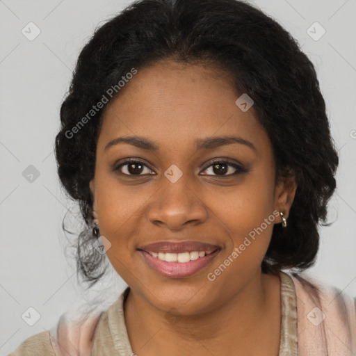 Joyful black young-adult female with long  brown hair and brown eyes