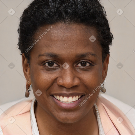 Joyful black young-adult female with short  brown hair and brown eyes