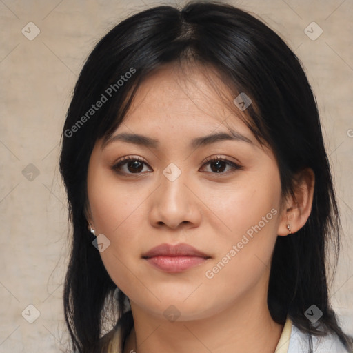 Neutral asian young-adult female with medium  black hair and brown eyes