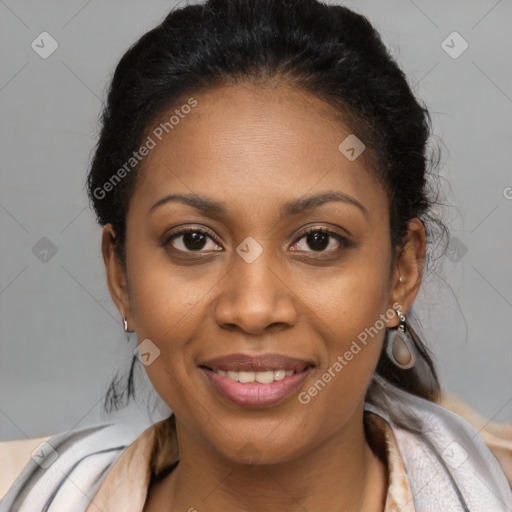 Joyful black young-adult female with long  brown hair and brown eyes