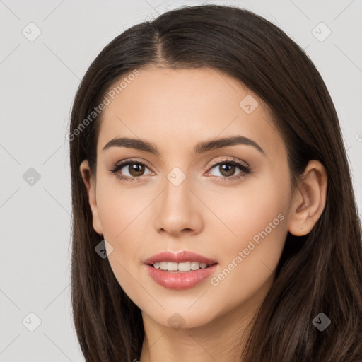 Neutral white young-adult female with long  brown hair and brown eyes