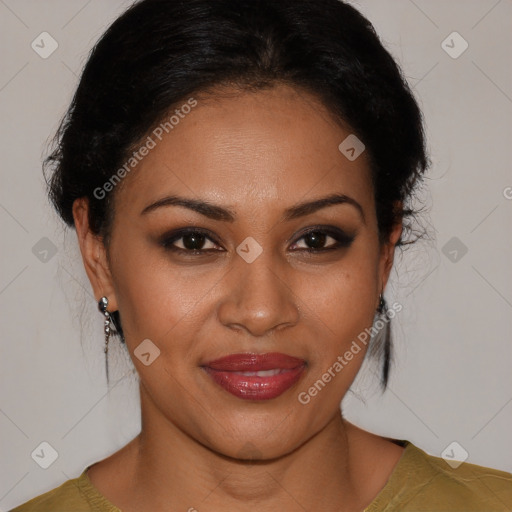 Joyful latino young-adult female with medium  brown hair and brown eyes