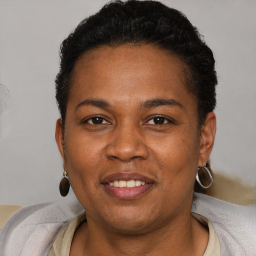 Joyful black adult female with short  brown hair and brown eyes