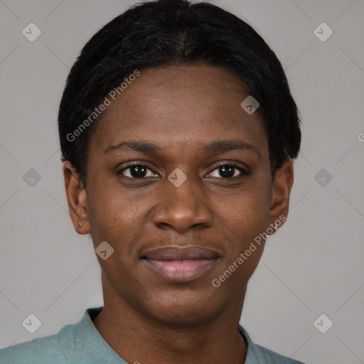 Joyful black young-adult female with short  black hair and brown eyes