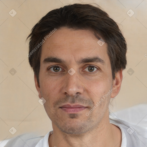 Neutral white adult male with short  brown hair and brown eyes