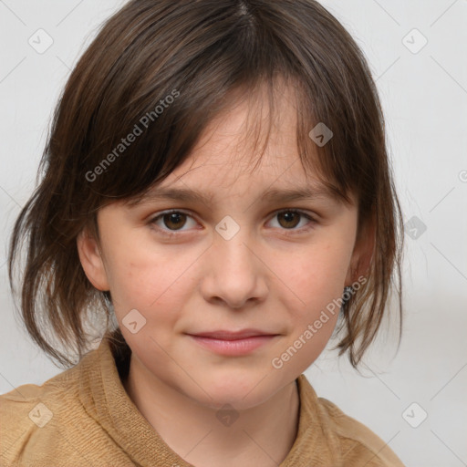 Joyful white child female with medium  brown hair and brown eyes