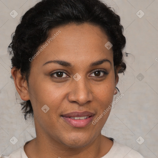 Joyful latino young-adult female with short  brown hair and brown eyes