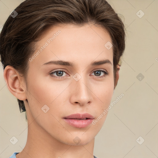 Neutral white young-adult female with short  brown hair and brown eyes