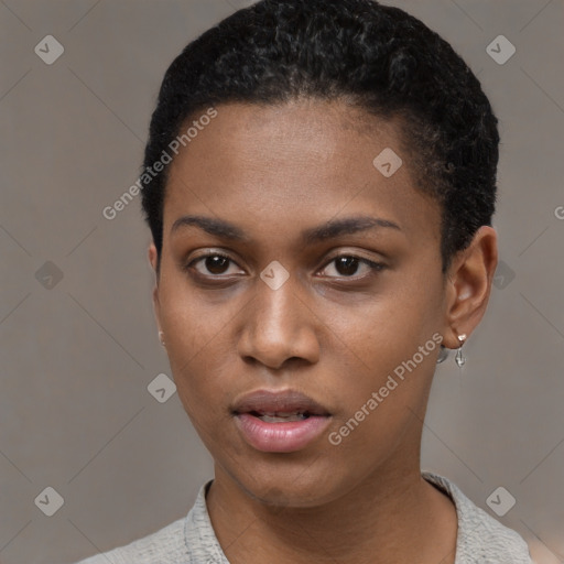 Neutral black young-adult female with short  black hair and brown eyes