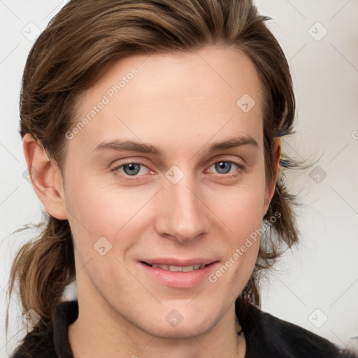 Joyful white young-adult female with medium  brown hair and grey eyes