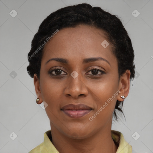 Joyful latino young-adult female with short  black hair and brown eyes