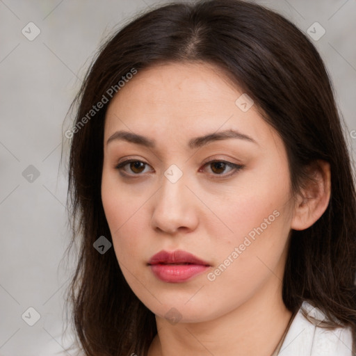 Neutral white young-adult female with medium  brown hair and brown eyes