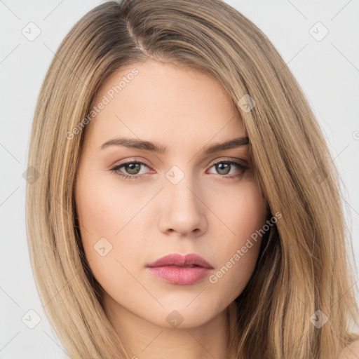 Neutral white young-adult female with long  brown hair and brown eyes