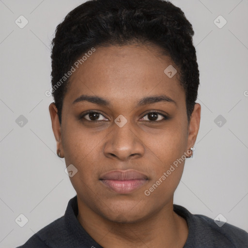 Neutral black young-adult female with short  black hair and brown eyes