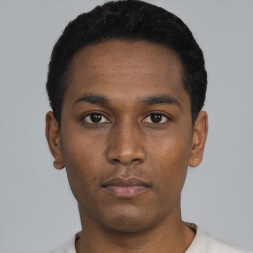 Neutral black young-adult male with short  black hair and brown eyes
