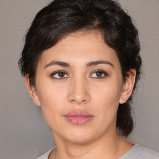 Neutral latino young-adult female with short  brown hair and brown eyes