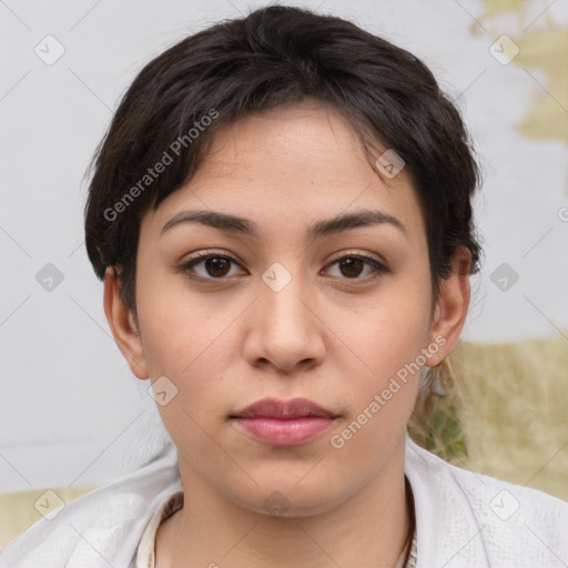 Neutral white young-adult female with medium  brown hair and brown eyes