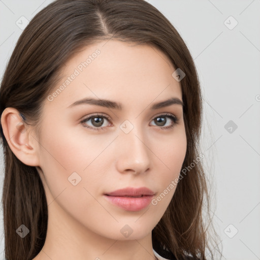 Neutral white young-adult female with long  brown hair and brown eyes