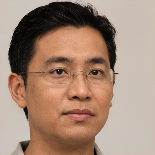 Neutral asian adult male with short  brown hair and brown eyes