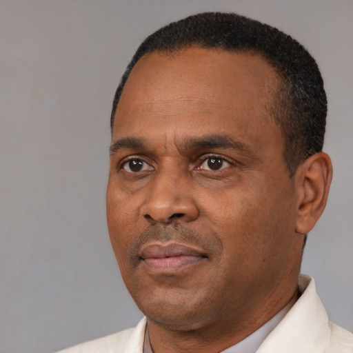 Neutral black adult male with short  black hair and brown eyes