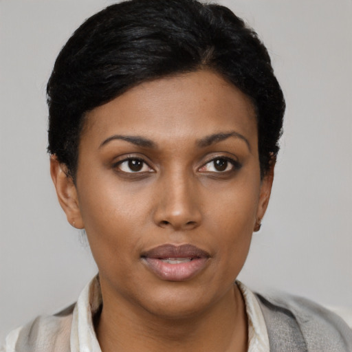 Neutral black young-adult female with short  black hair and brown eyes