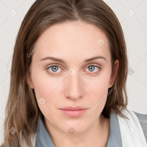 Neutral white young-adult female with medium  brown hair and grey eyes