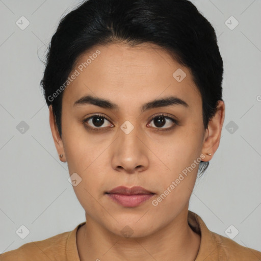 Neutral asian young-adult female with short  black hair and brown eyes