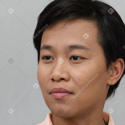Neutral asian young-adult female with short  black hair and brown eyes
