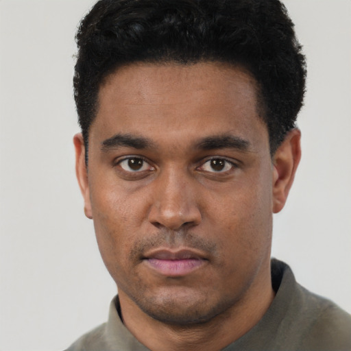 Neutral white young-adult male with short  black hair and brown eyes