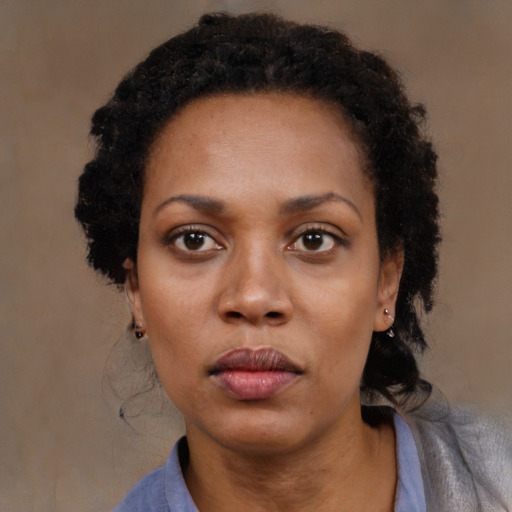 Neutral black adult female with medium  black hair and brown eyes