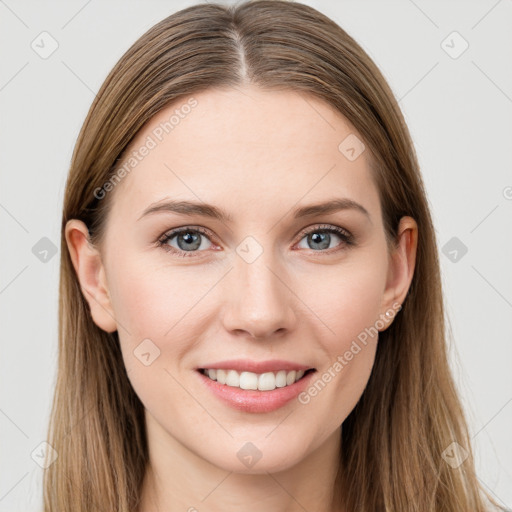 Joyful white young-adult female with long  brown hair and grey eyes